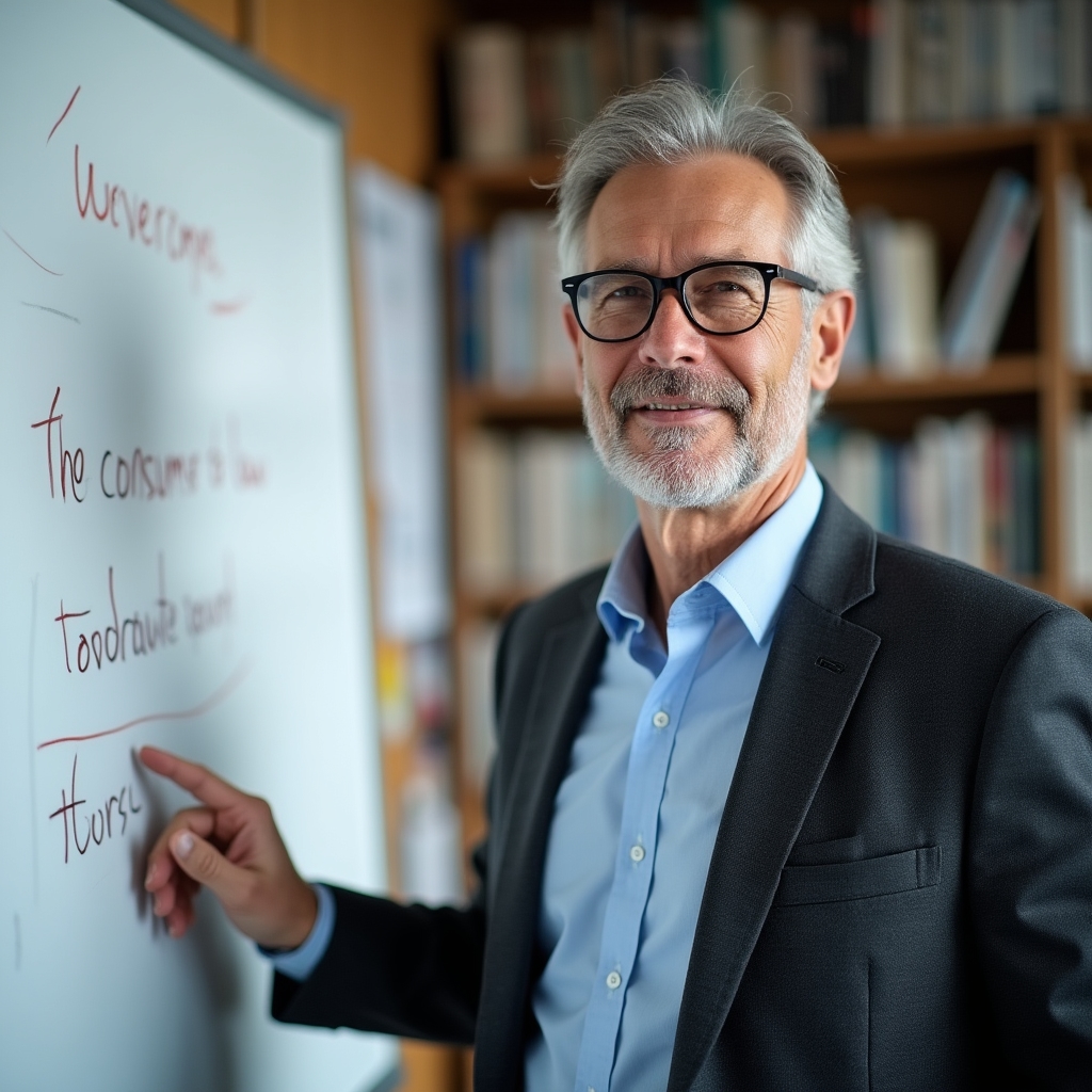 Experienced educator presenting consumer rights content on whiteboard